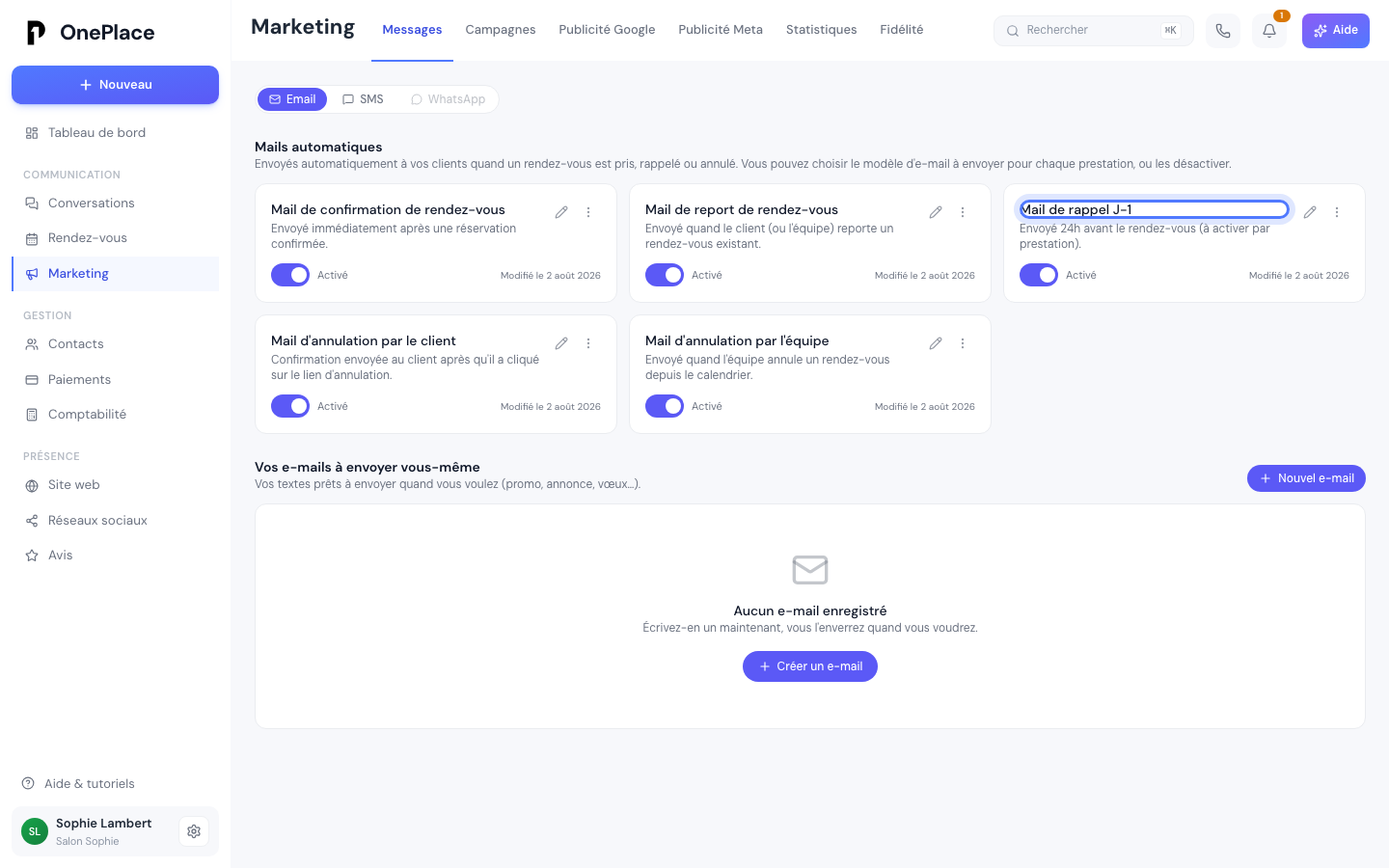 La section « Mails automatiques », avec les cinq cartes système (confirmation, rappel J-1, report, deux annulations), toutes activées