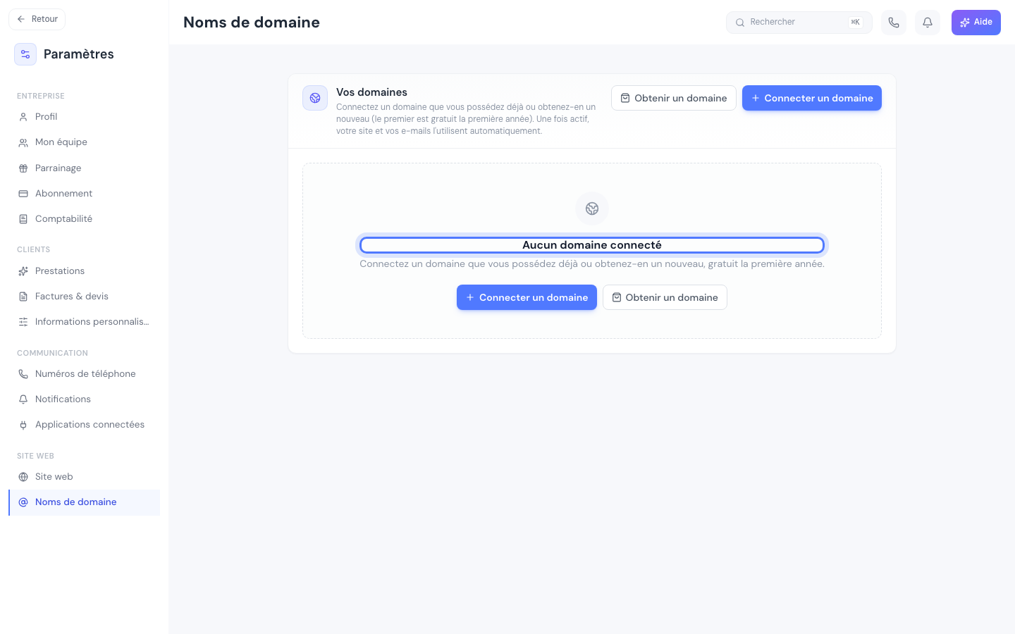La page Noms de domaine sans aucun domaine connecté, avec ses deux boutons