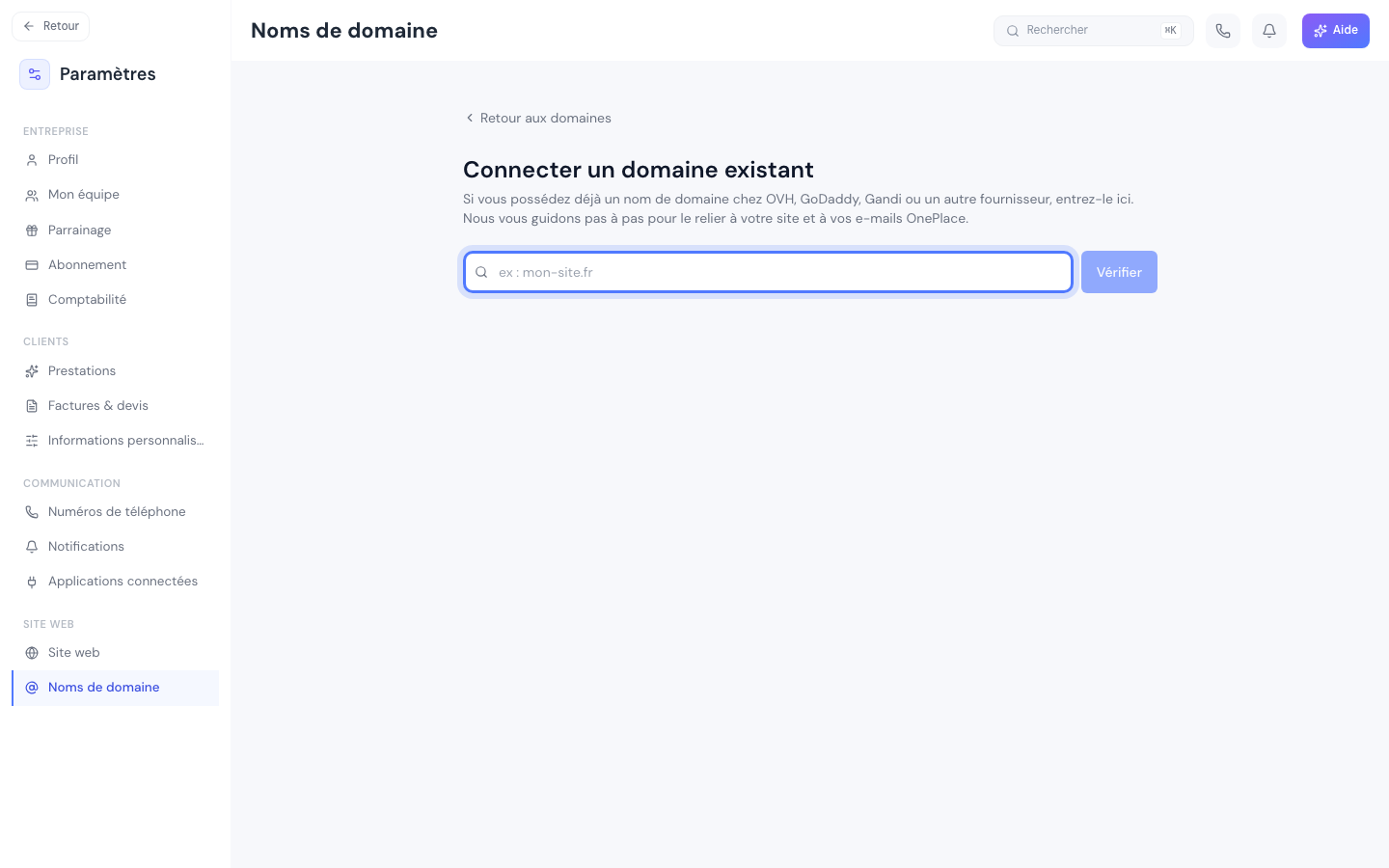 L'écran Connecter un domaine, avec son champ de recherche du domaine à transférer