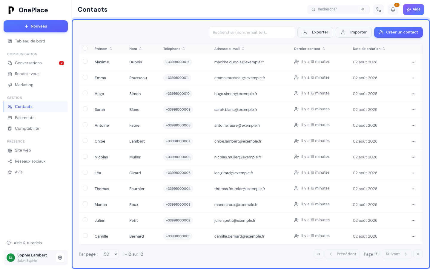 La liste des contacts, avec la barre de recherche et les boutons Exporter, Importer et Créer un contact.