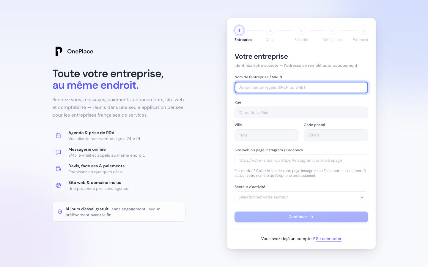 L'étape 1 du formulaire d'inscription, avec le champ Nom de l'entreprise / SIREN mis en évidence — c'est lui qui interroge la base officielle dès qu'on tape un nom ou un numéro de SIREN.