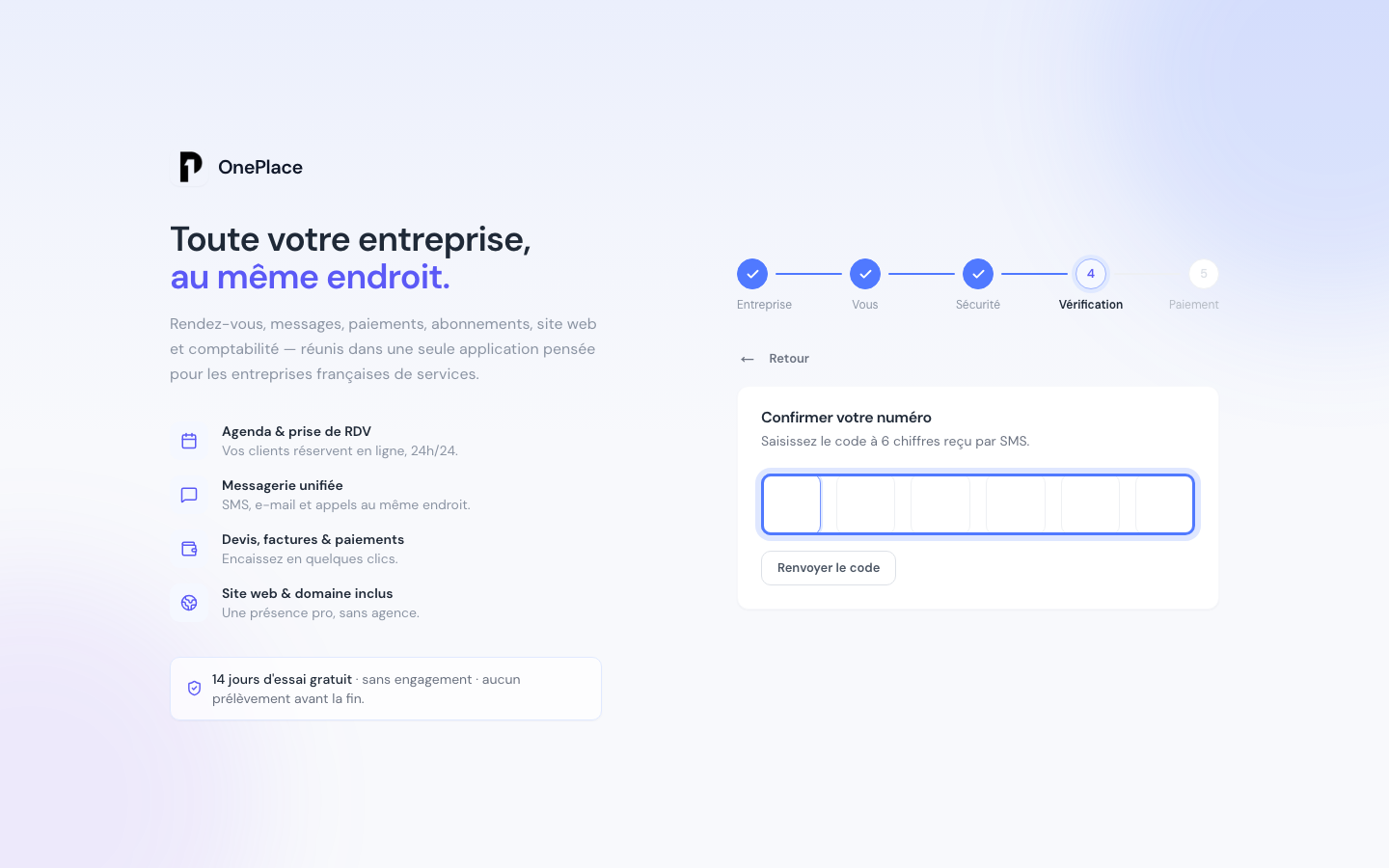 L'écran Confirmer votre numéro, avec les six cases du code à saisir mises en évidence.