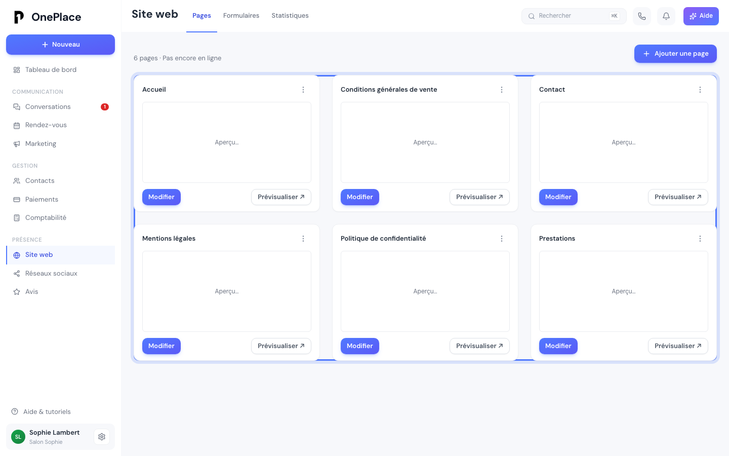 La liste des pages d'un site tout juste créé, avec le nombre de pages et si le site est déjà en ligne