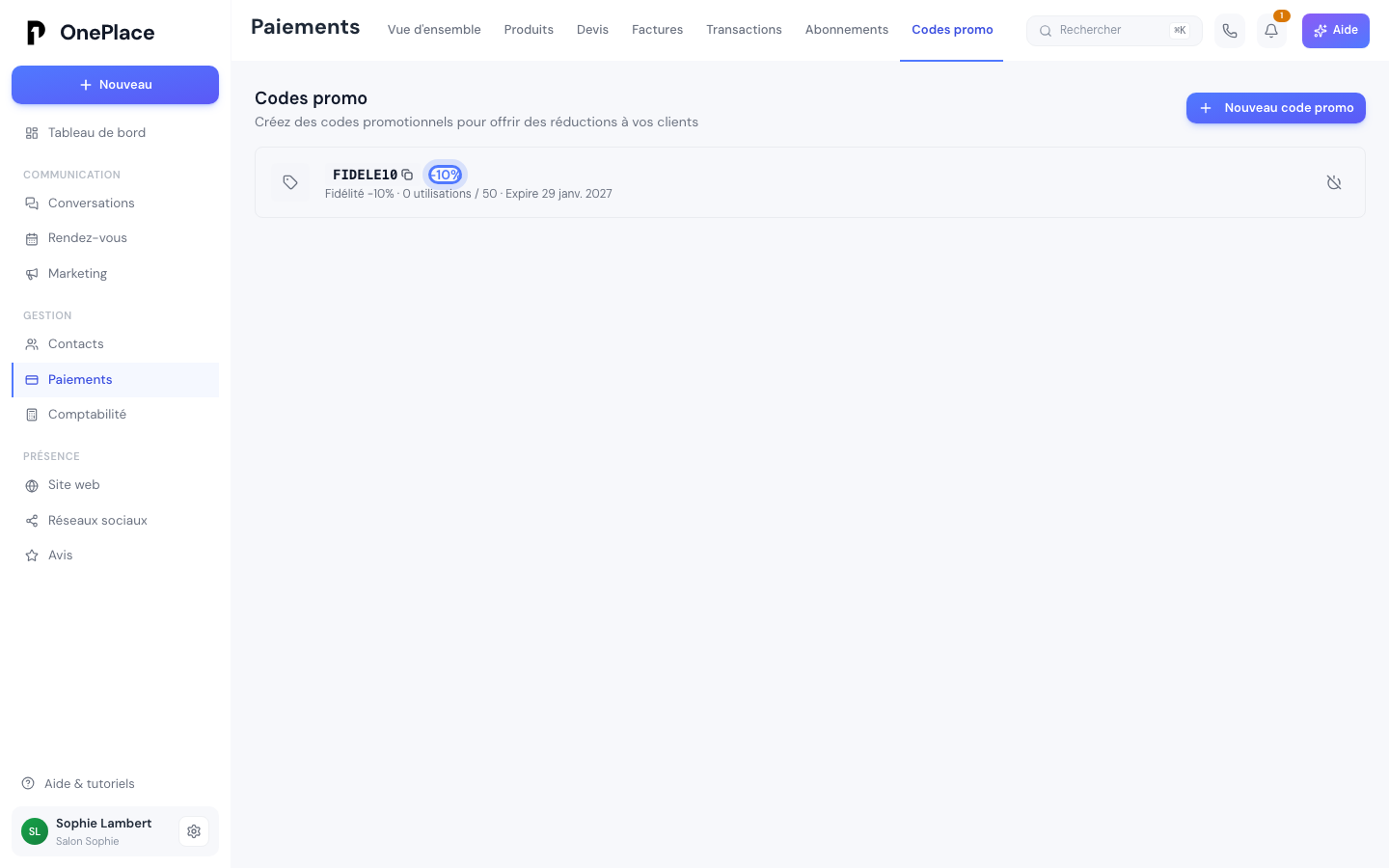 Un code promo actif, avec sa remise et ses statistiques d'utilisation