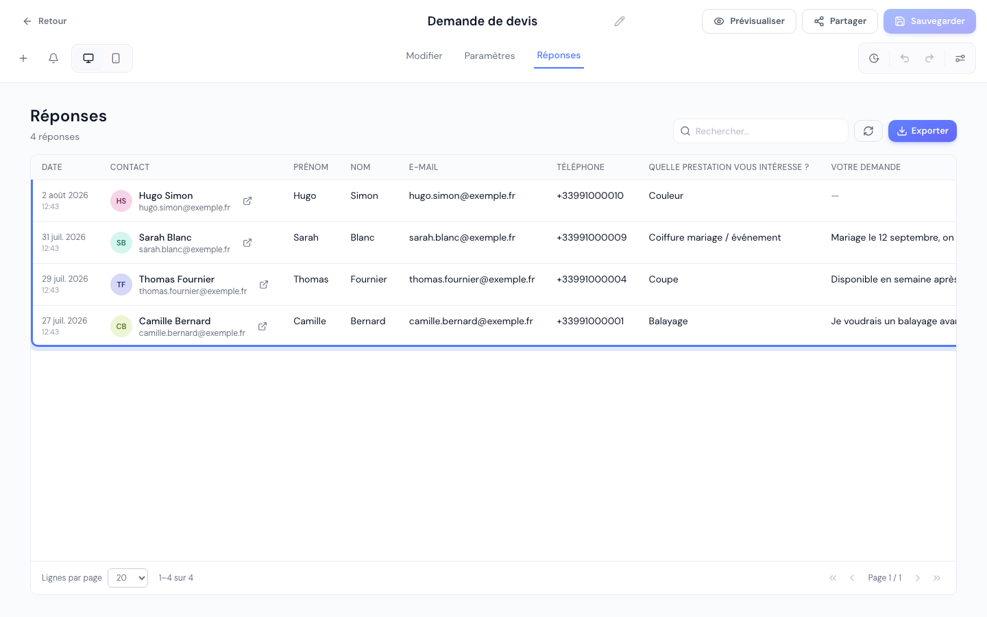 L'onglet Réponses, avec les soumissions reçues et leurs informations