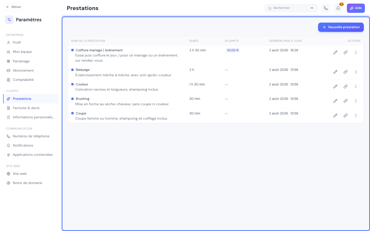 La liste des prestations, avec leur durée, l'acompte éventuel, la date de dernière modification, et le bouton Nouvelle prestation.