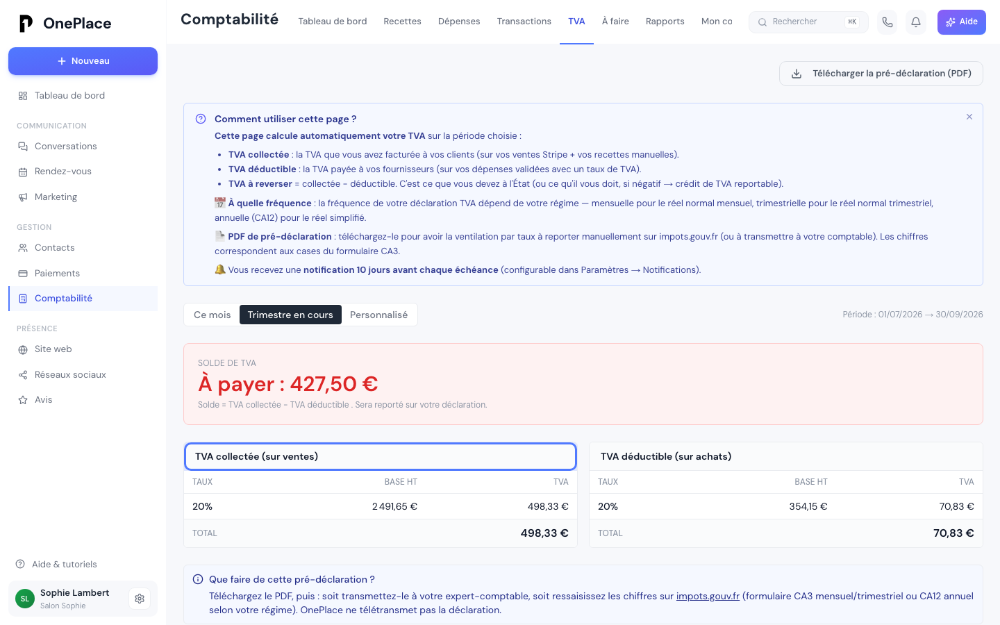 Les deux tableaux TVA collectée et TVA déductible, ventilés par taux