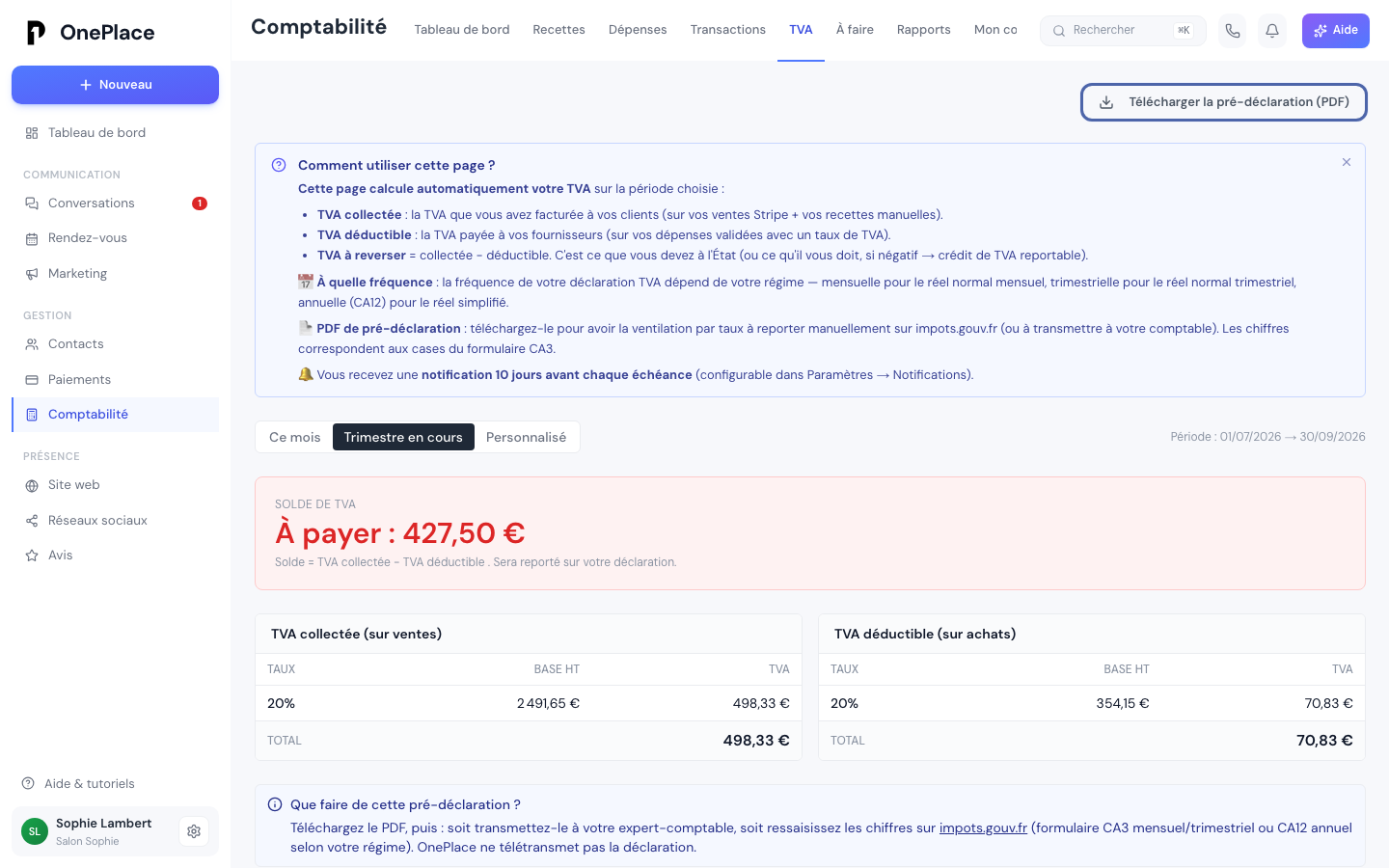 Bouton Télécharger la pré-déclaration (PDF) en haut de l'onglet TVA
