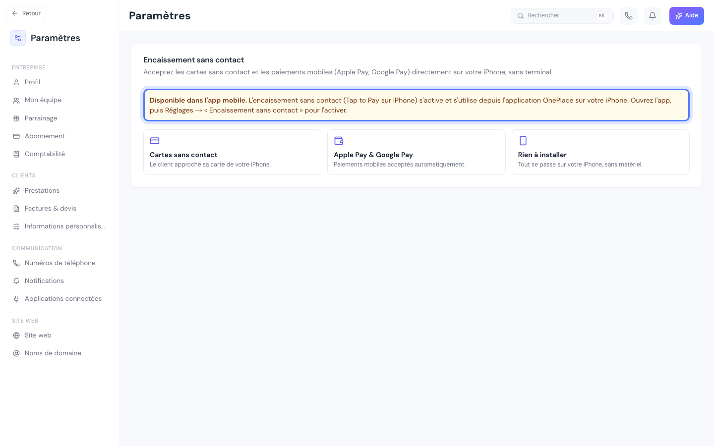 La page Réglages → Encaissement sans contact, avec son bandeau renvoyant vers l'application mobile