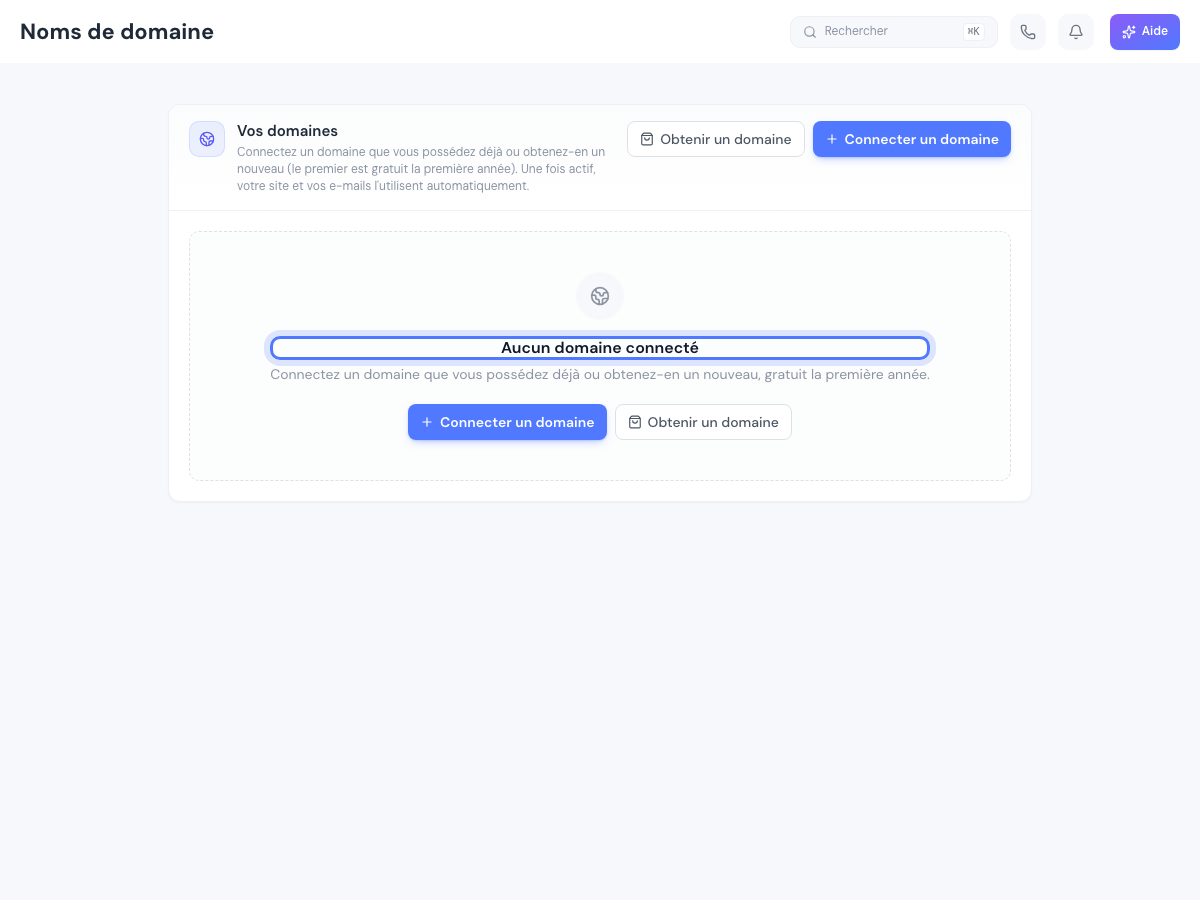 La page Noms de domaine sans aucun domaine relié : « Aucun domaine connecté », avec les boutons Connecter un domaine et Obtenir un domaine.