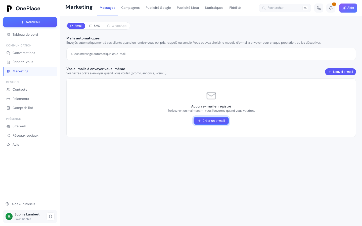La section « Vos e-mails à envoyer vous-même », avec le bouton pour en créer un nouveau