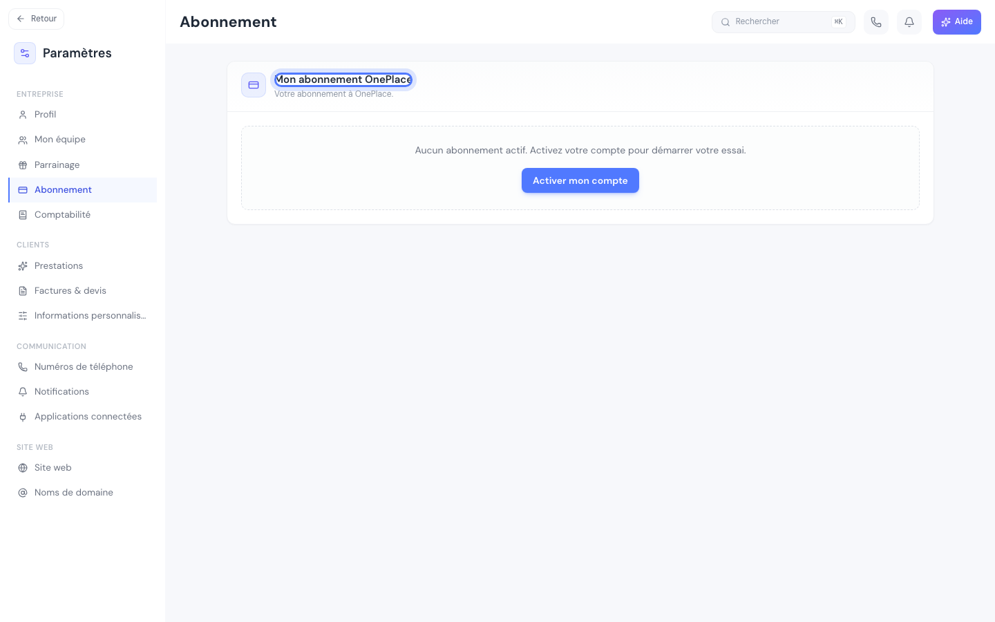 La carte Mon abonnement OnePlace, dans Réglages → Abonnement — un tout autre écran, pour votre propre abonnement à OnePlace