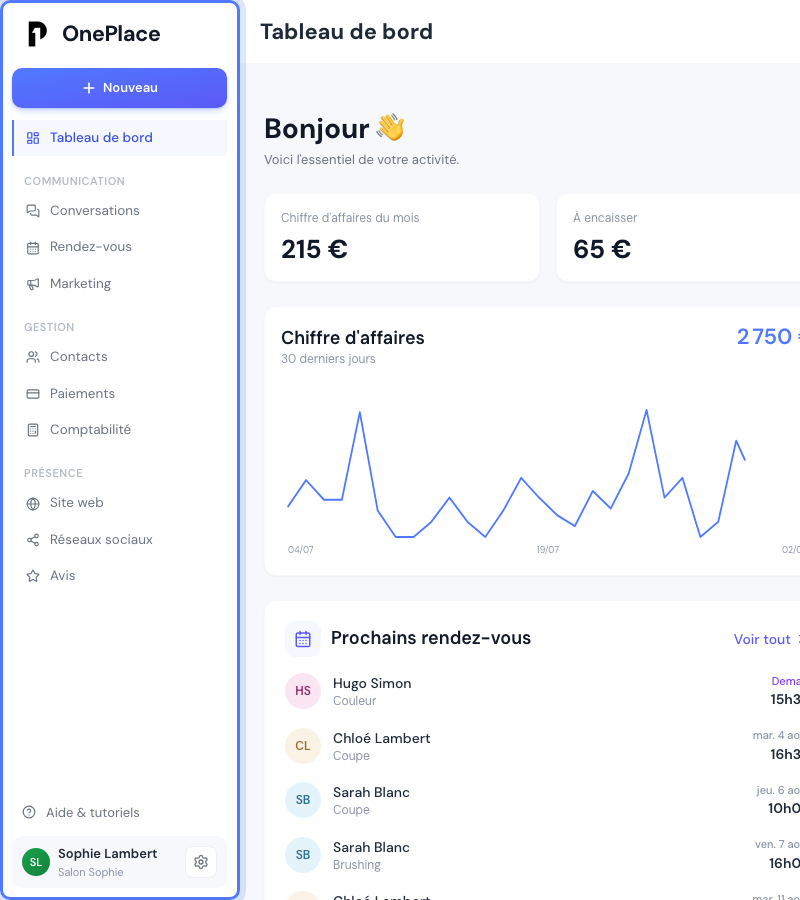 Le menu principal d'OnePlace : les trois groupes Communication, Gestion et Présence, avec le bouton Aide en bas.
