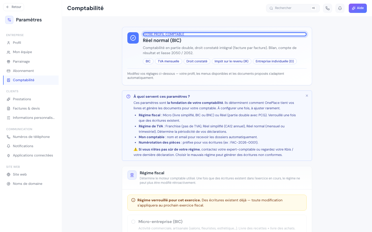 Carte d'identité comptable en tête de Réglages → Comptabilité, avec le profil résolu et ses étiquettes