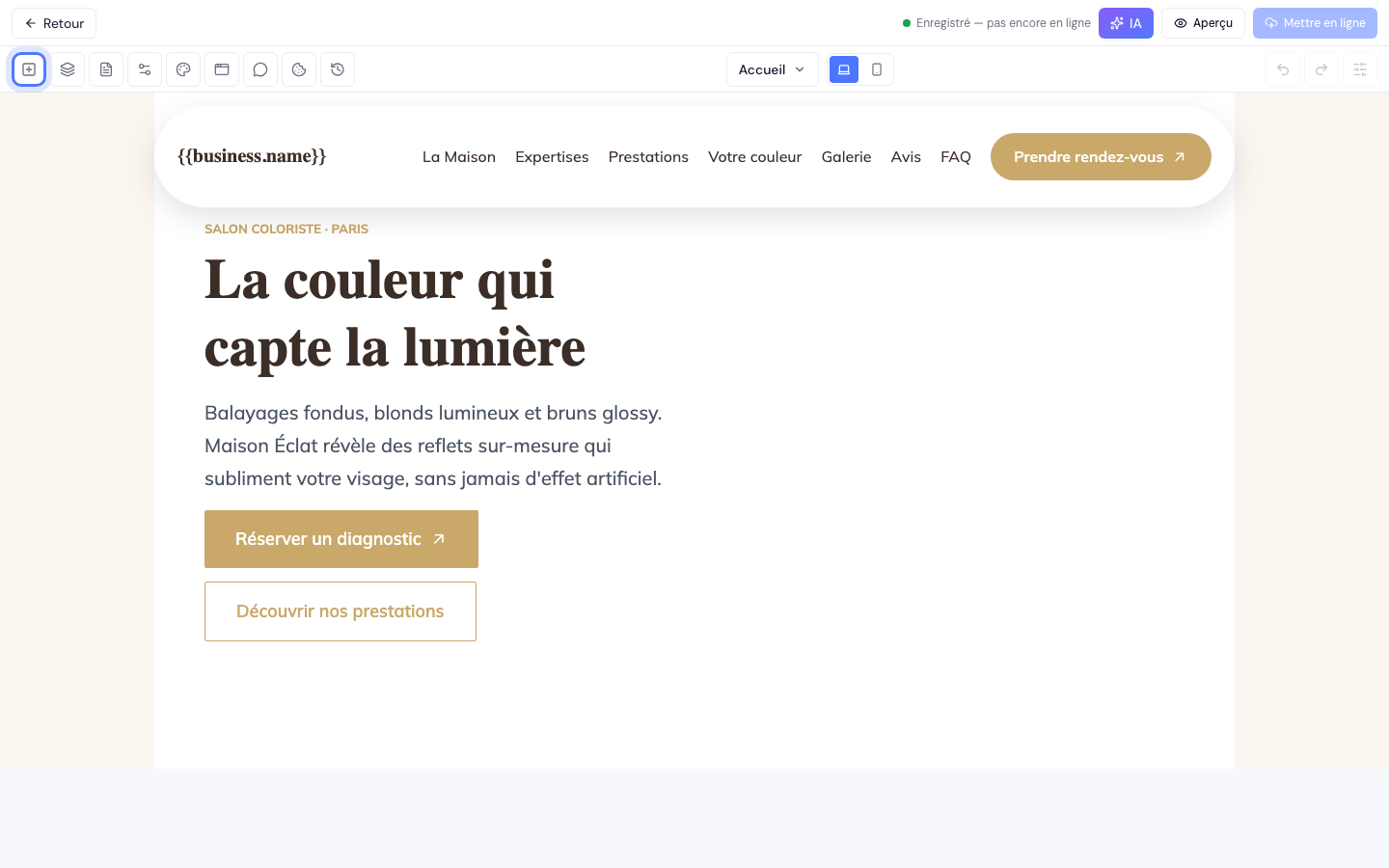 L'éditeur ouvert sur la page d'accueil, avec la rangée d'outils en haut et le bouton Ajouter un bloc