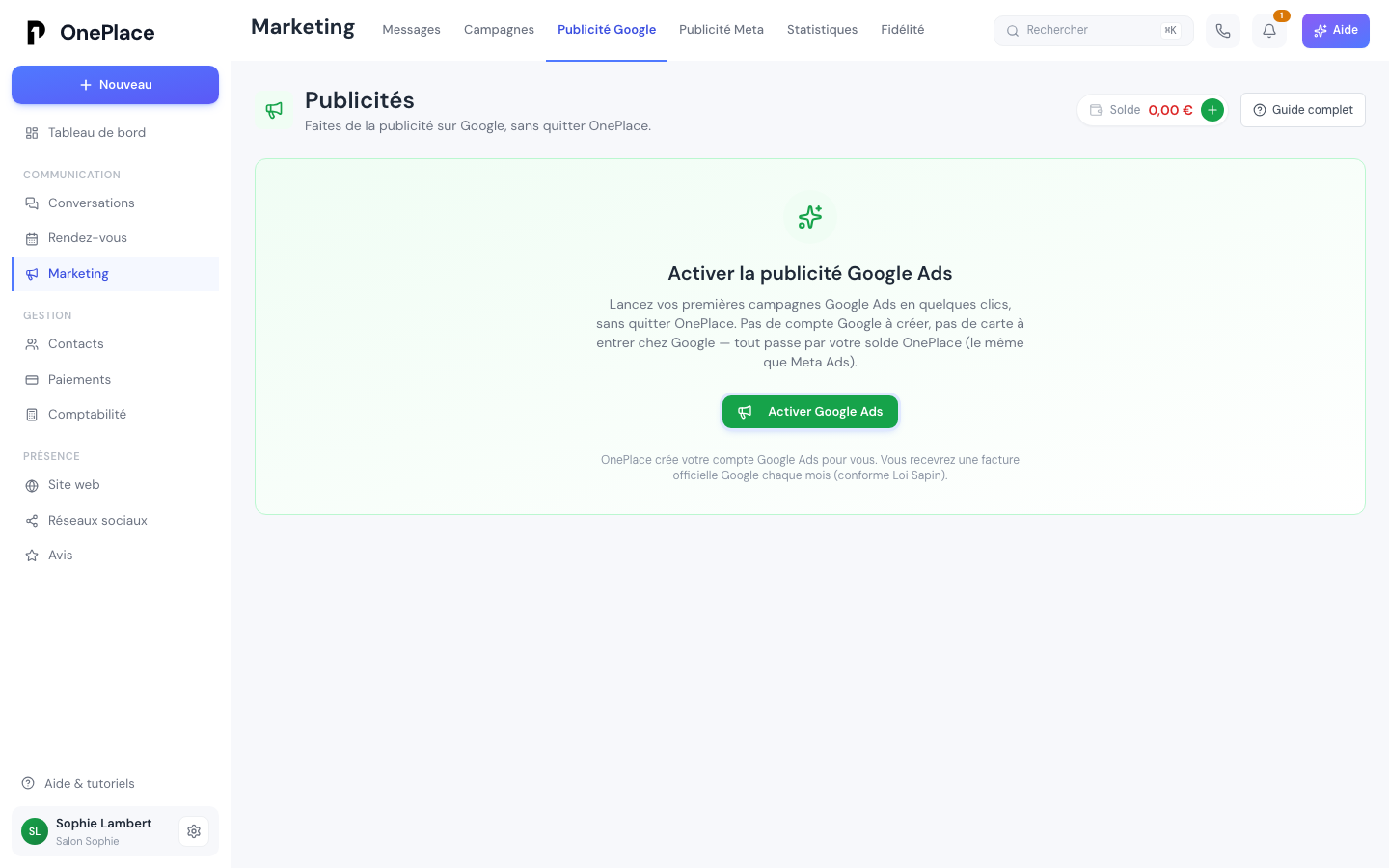 L'écran d'activation de la publicité Google, avant tout compte créé