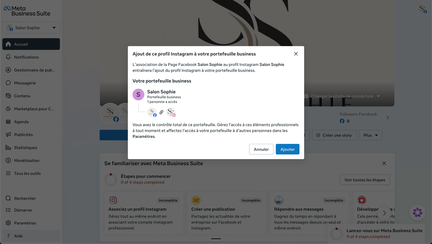 La fenêtre « Ajout de ce profil Instagram à votre portefeuille business », montrant la Page Facebook et le profil Instagram reliés sous le portefeuille Salon Sophie