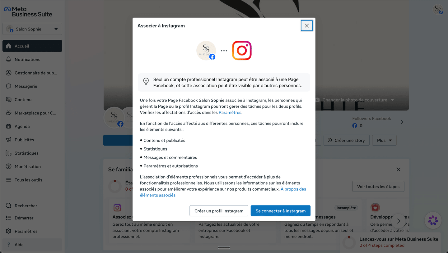 La fenêtre « Associer à Instagram », rappelant que seul un compte professionnel Instagram peut être associé à une Page Facebook, avec les boutons « Créer un profil Instagram » et « Se connecter à Instagram »
