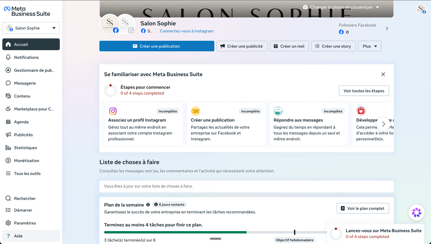 La page d'accueil de Meta Business Suite pour la Page Salon Sophie, avec le lien « Connectez-vous à Instagram » sous le nom de la Page et la carte « Associez un profil Instagram » marquée Incomplète