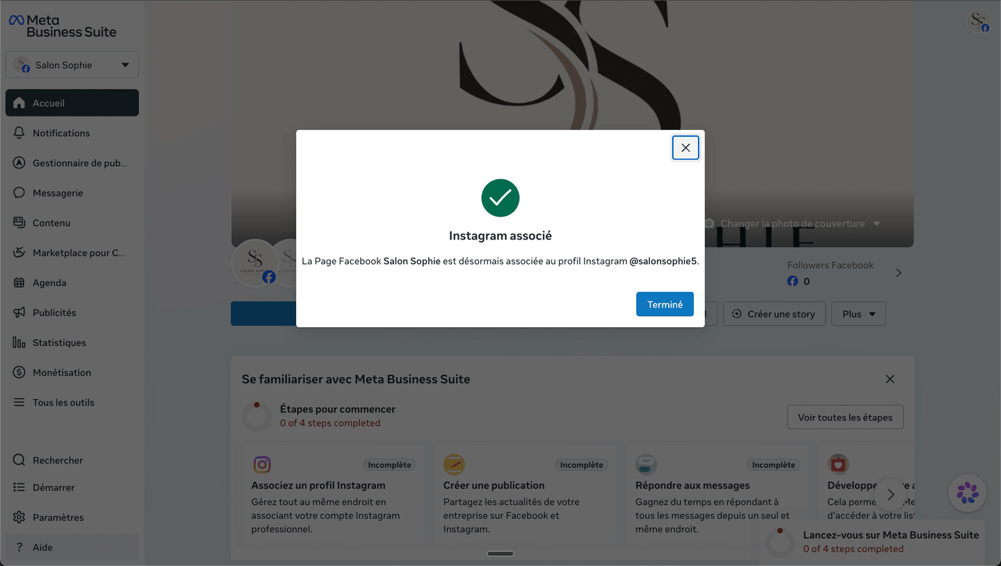 La fenêtre de confirmation « Instagram associé », indiquant que la Page Facebook Salon Sophie est désormais associée au profil Instagram @salonsophie5