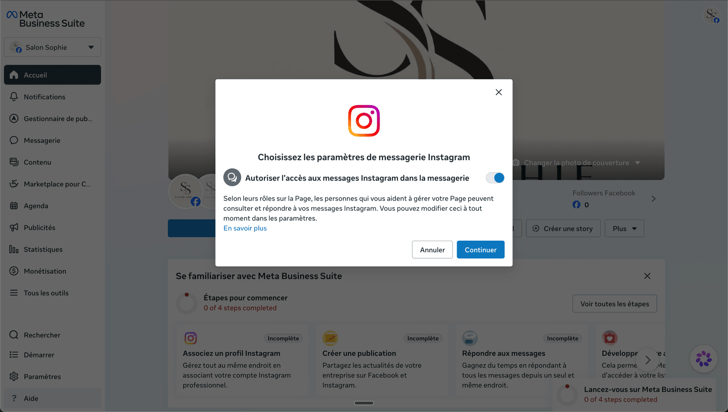 La fenêtre « Choisissez les paramètres de messagerie Instagram », avec l'option « Autoriser l'accès aux messages Instagram dans la messagerie » activée