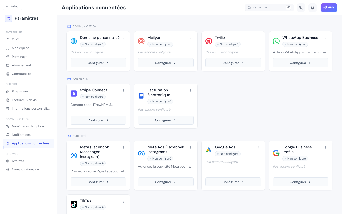 Réglages → Applications connectées, avec la grille des intégrations par catégorie