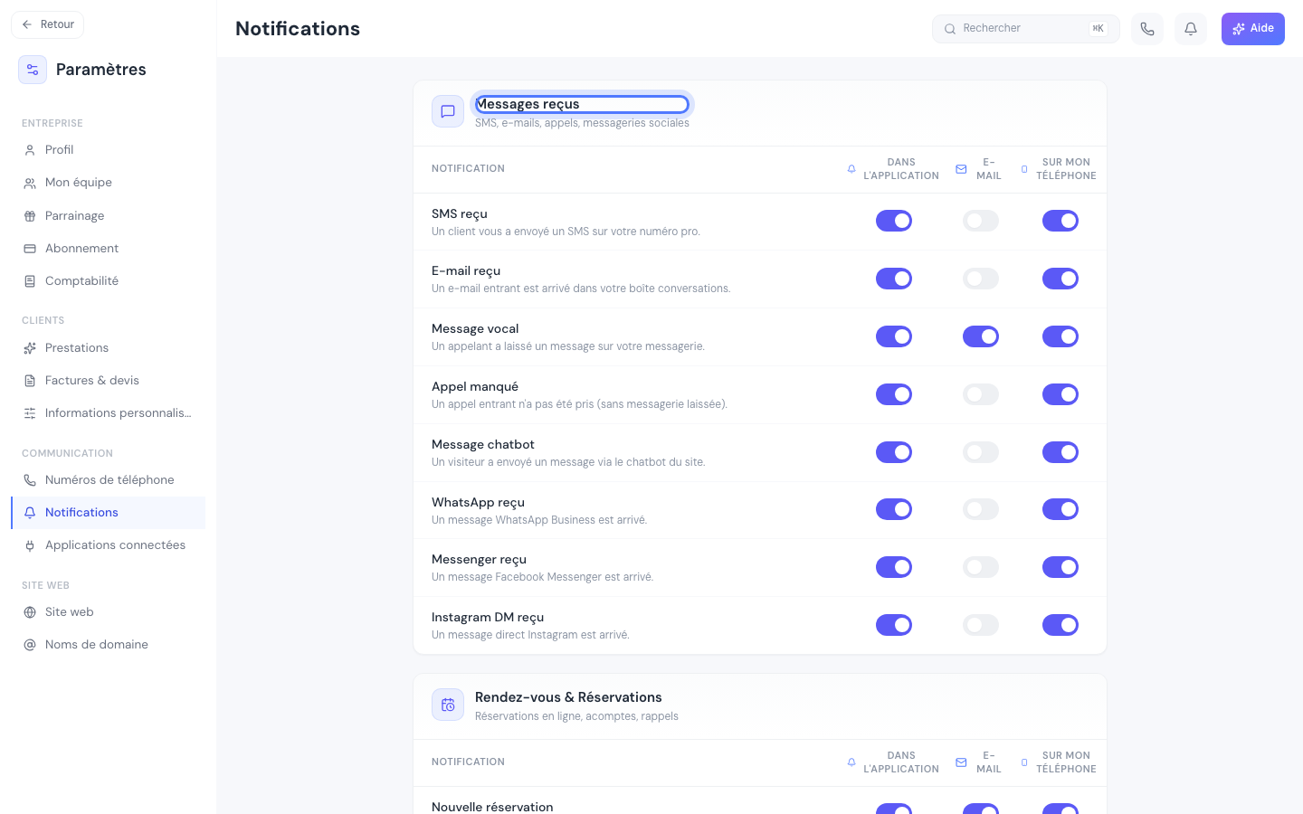 Réglages → Notifications, avec le groupe Messages reçus mis en évidence