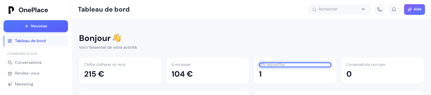 La rangée de 4 indicateurs clés en haut du tableau de bord, avec RDV aujourd'hui mis en évidence
