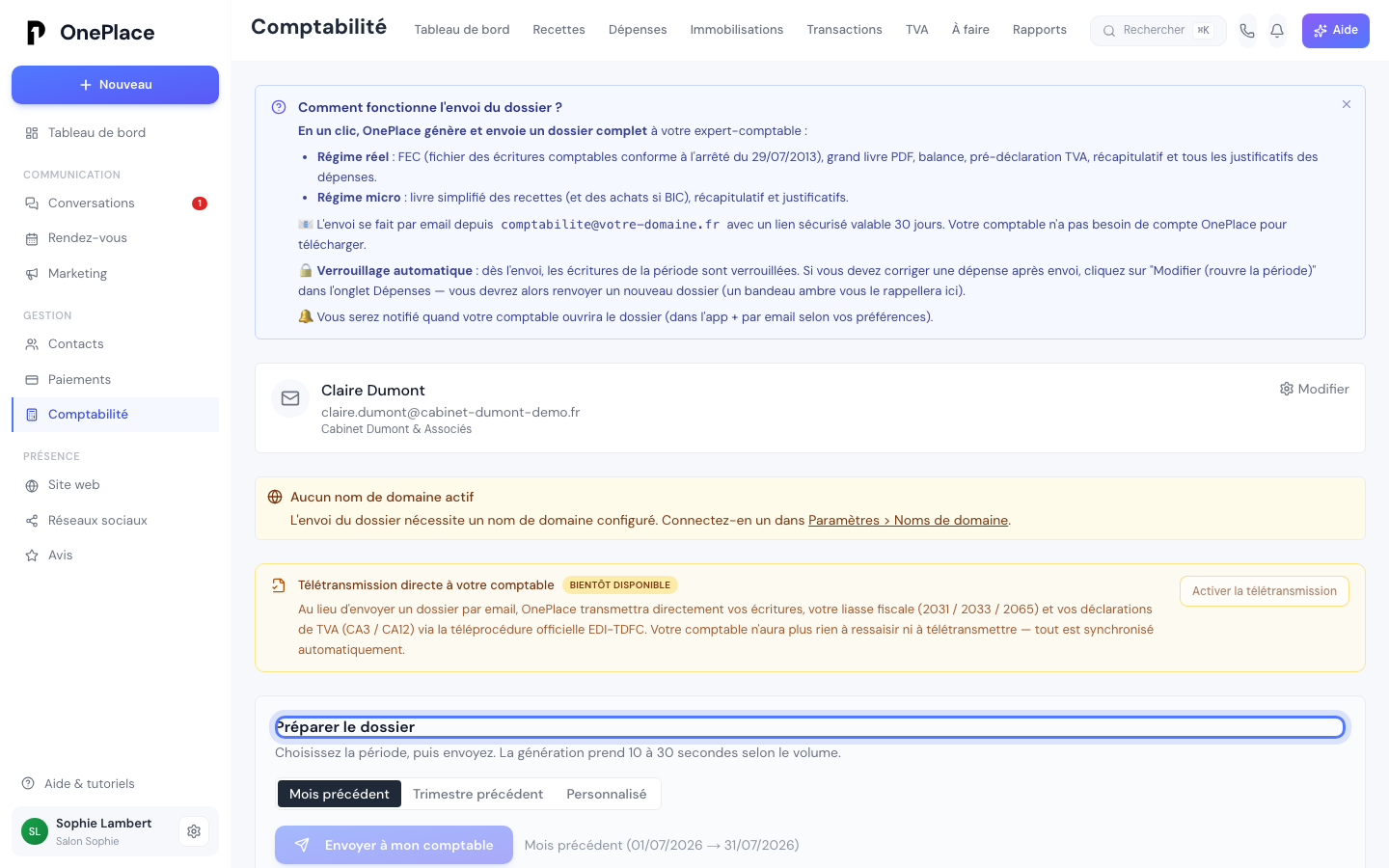 Section Préparer le dossier de l'onglet Mon comptable, avec le comptable configuré et les raccourcis de période