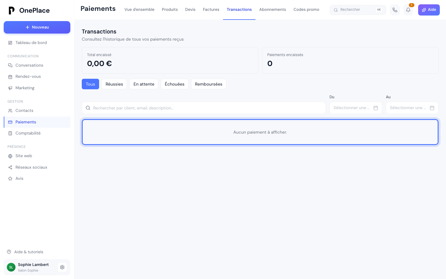 L'onglet Transactions avant tout encaissement, avec ses filtres et ses compteurs.